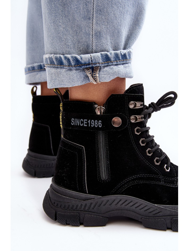Women's Faux Suede Lined Lace-Up Ankle Boots Black Jailina