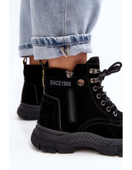 Women's Faux Suede Lined Lace-Up Ankle Boots Black Jailina
