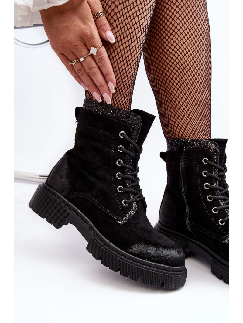 Women's Decorated Lace-up Ankle Boots Black Santelia