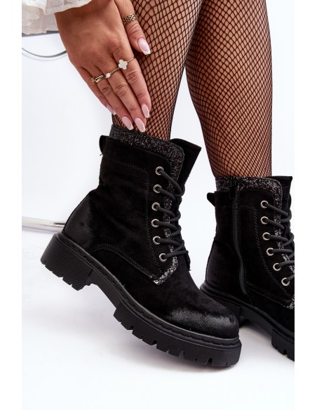 Women's Decorated Lace-up Ankle Boots Black Santelia