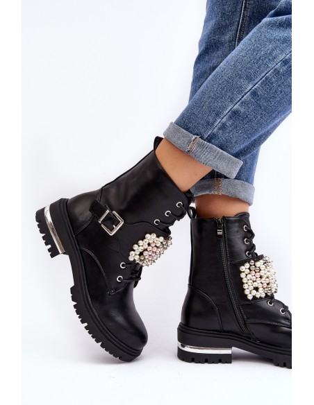 Lined Women's Work Boots Decorated Black Venizi