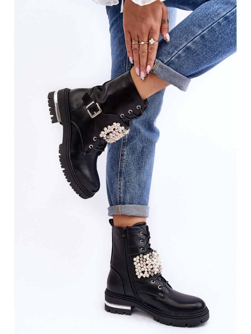 Lined Women's Work Boots Decorated Black Venizi