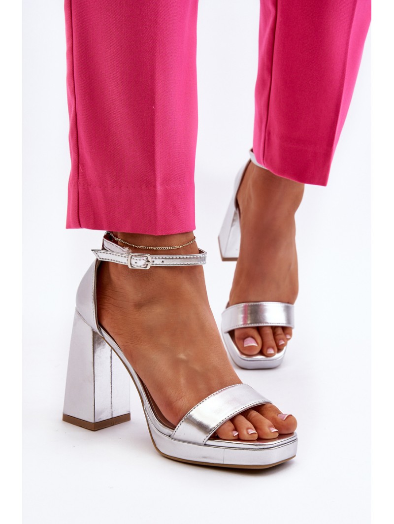 Fashionable Suede Sandals with Square Heel Silver Merila