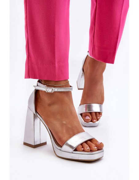 Fashionable Suede Sandals with Square Heel Silver Merila