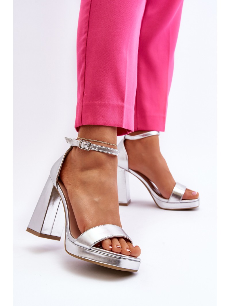 Fashionable Suede Sandals with Square Heel Silver Merila