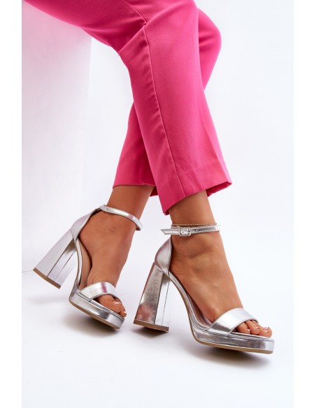 Fashionable Suede Sandals with Square Heel Silver Merila