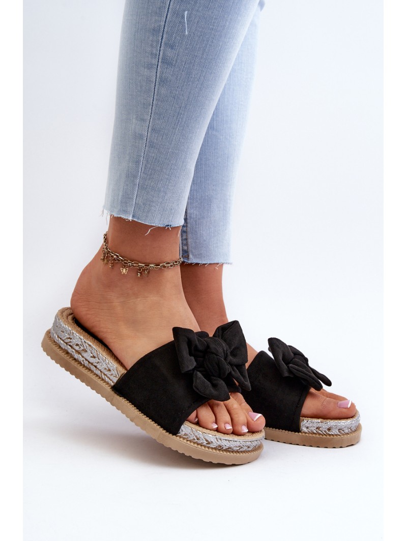 Women's Platform Slide Sandals with Bow Black Aflia