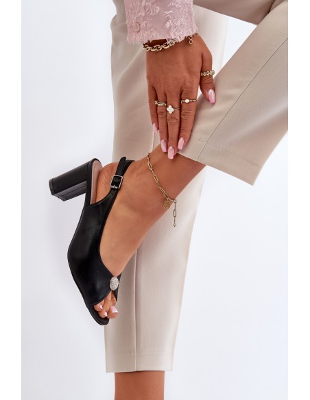 Elegant Sandals With Ornament on Heel Black Trasea