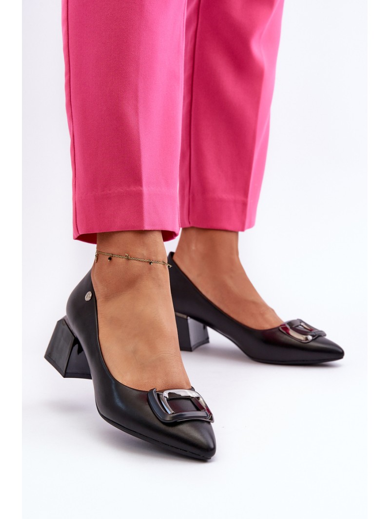 Black Faux Leather Court Shoes with Block Heel and Embellishment Sarala