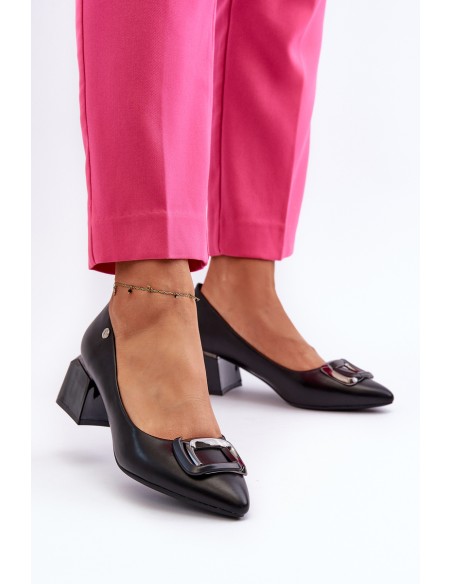 Black Faux Leather Court Shoes with Block Heel and Embellishment Sarala