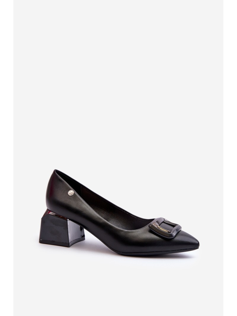 Black Faux Leather Court Shoes with Block Heel and Embellishment Sarala