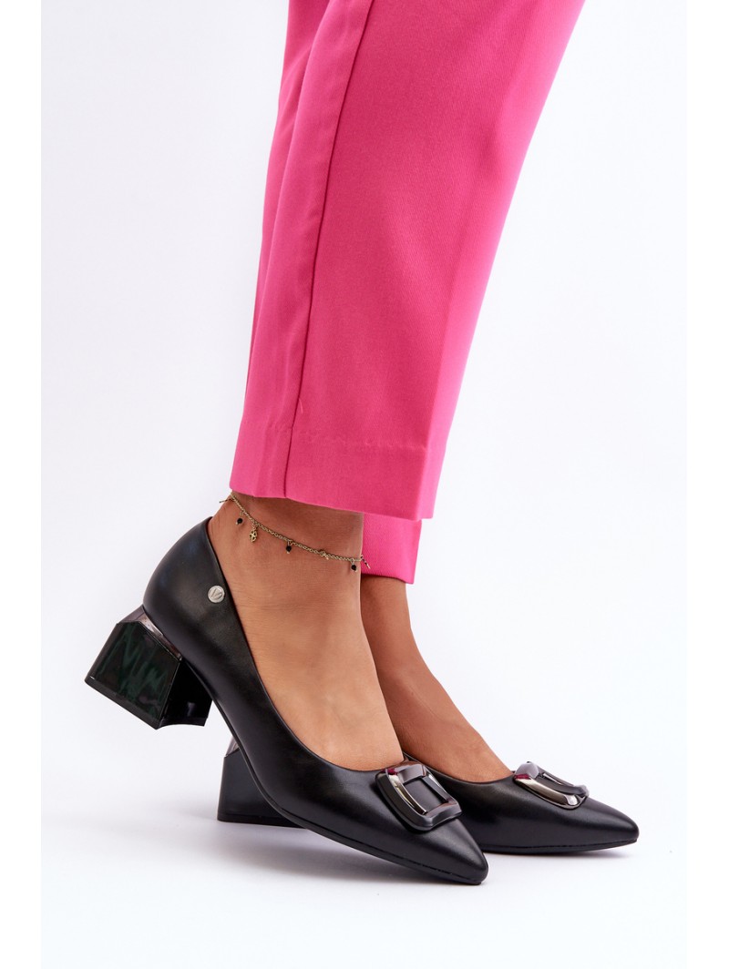 Black Faux Leather Court Shoes with Block Heel and Embellishment Sarala