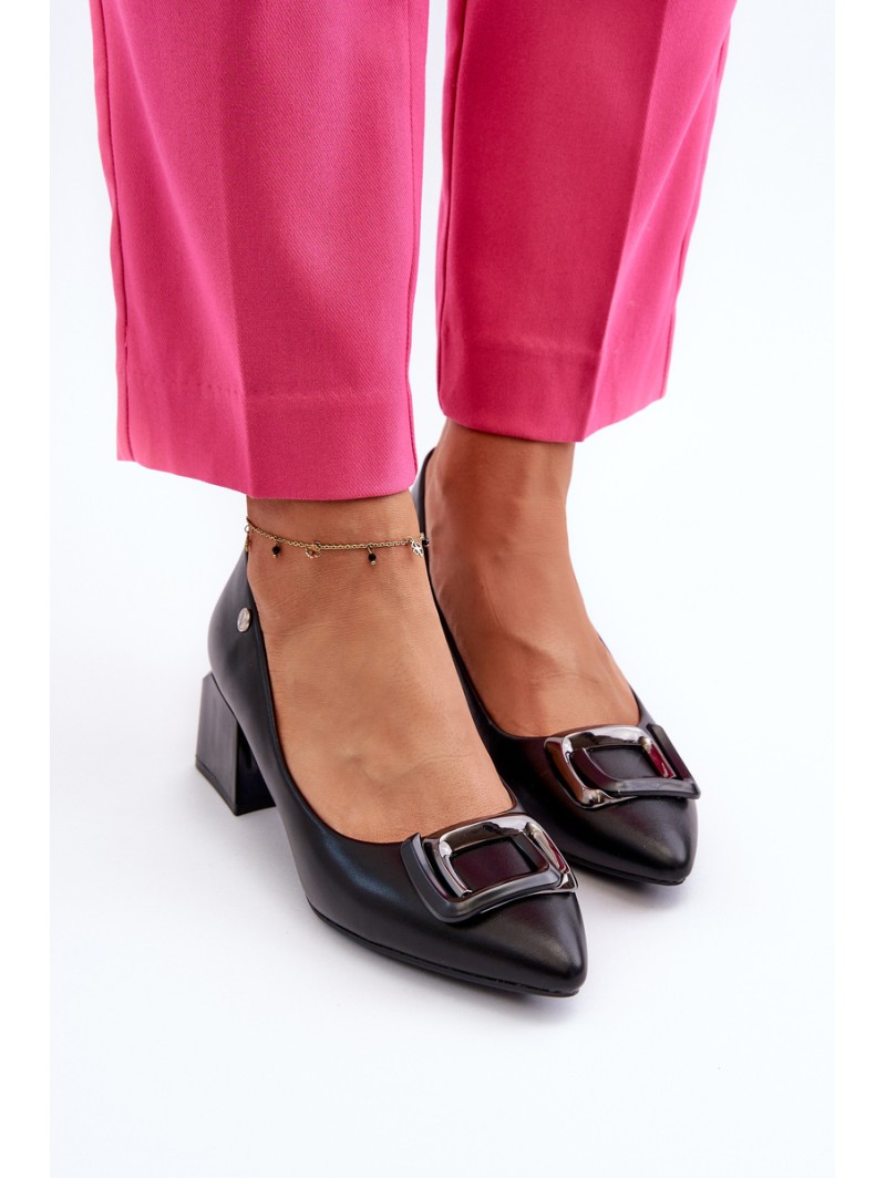 Black Faux Leather Court Shoes with Block Heel and Embellishment Sarala
