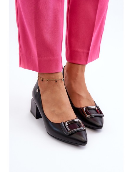 Black Faux Leather Court Shoes with Block Heel and Embellishment Sarala