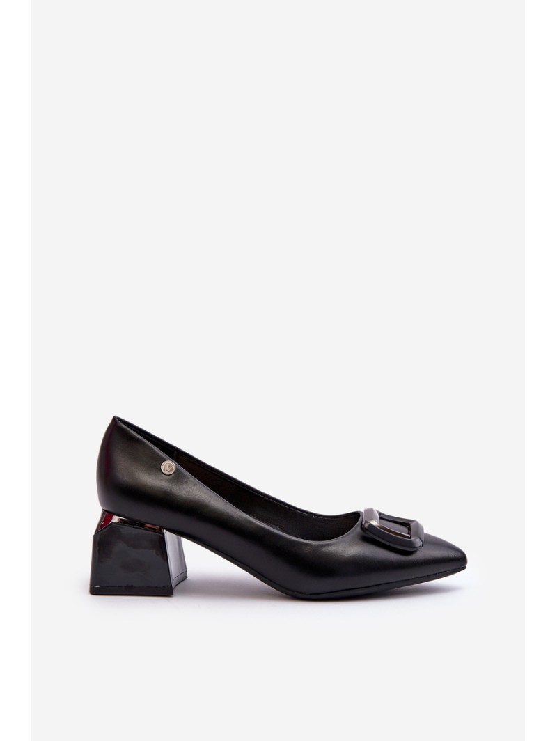 Black Faux Leather Court Shoes with Block Heel and Embellishment Sarala