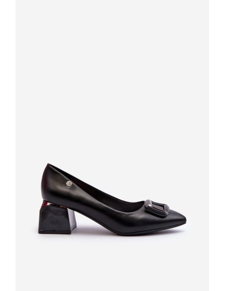 Black Faux Leather Court Shoes with Block Heel and Embellishment Sarala
