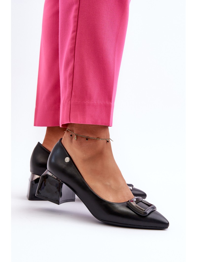 Black Faux Leather Court Shoes with Block Heel and Embellishment Sarala