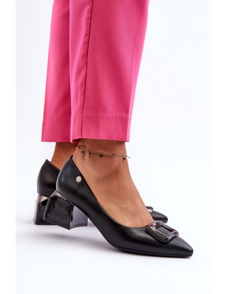 Black Faux Leather Court Shoes with Block Heel and Embellishment Sarala