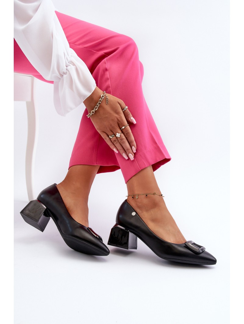 Black Faux Leather Court Shoes with Block Heel and Embellishment Sarala