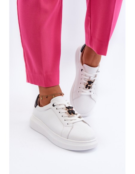Women's Leather Sneakers with Bear White Mirven