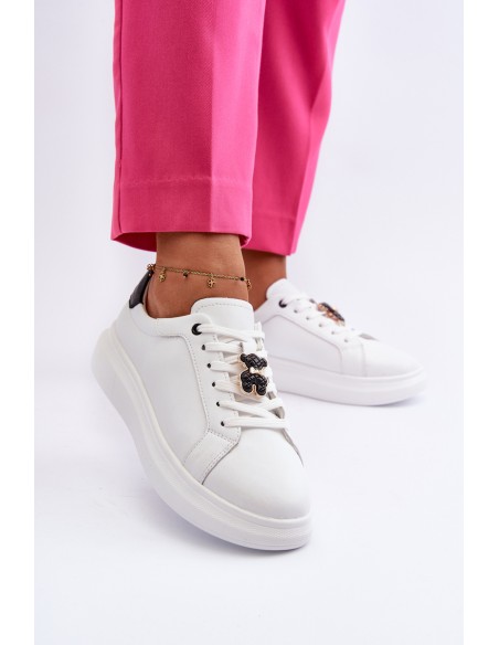Women's Leather Sneakers with Bear White Mirven
