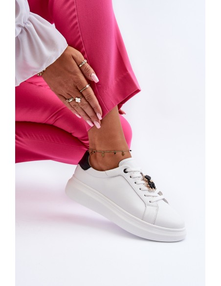 Women's Leather Sneakers with Bear White Mirven