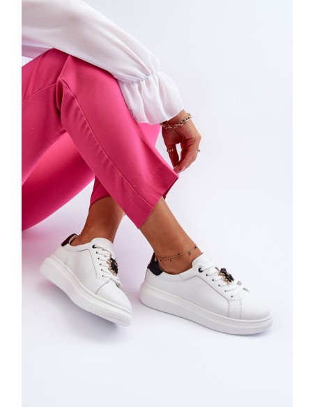 Women's Leather Sneakers with Bear White Mirven