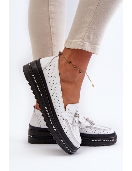 White Women's Leather Platform Moccasins Assetnima
