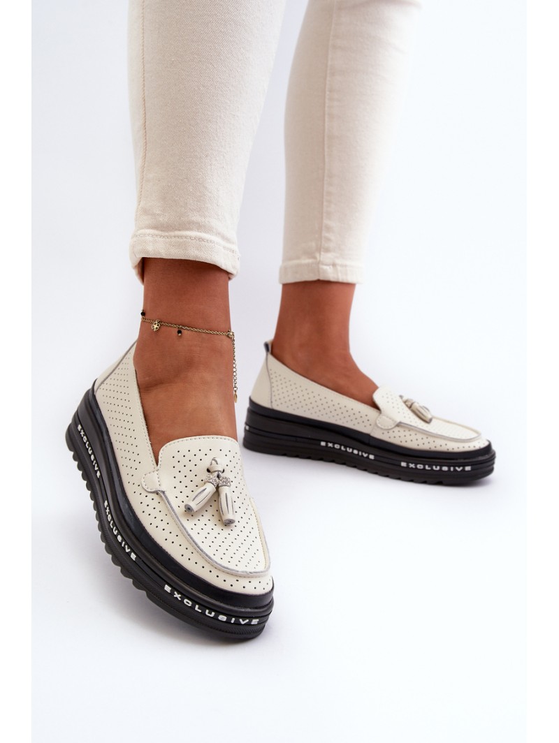 Women's Leather Platform Moccasins Beige Assetnima