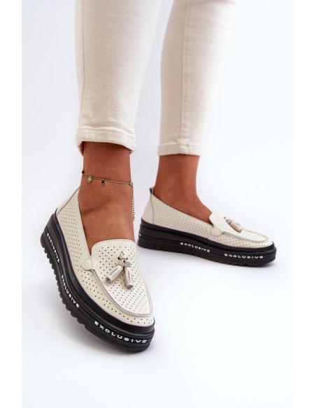 Women's Leather Platform Moccasins Beige Assetnima