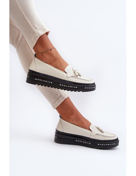 Women's Leather Platform Moccasins Beige Assetnima