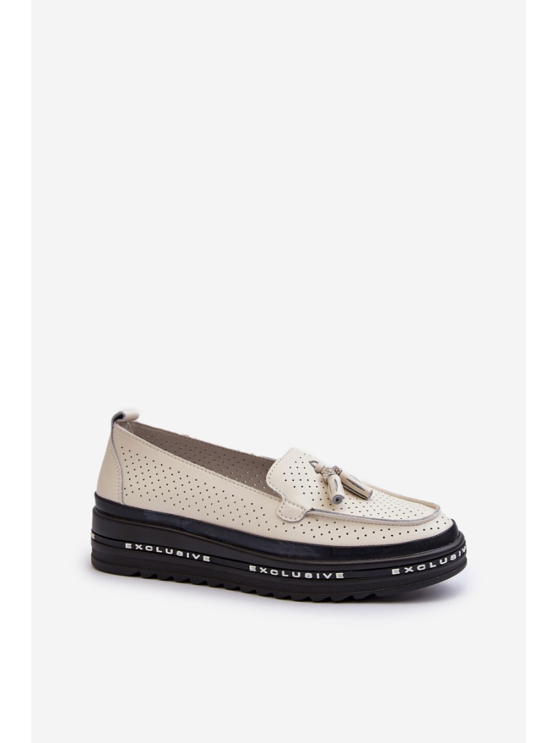 Women's Leather Platform Moccasins Beige Assetnima