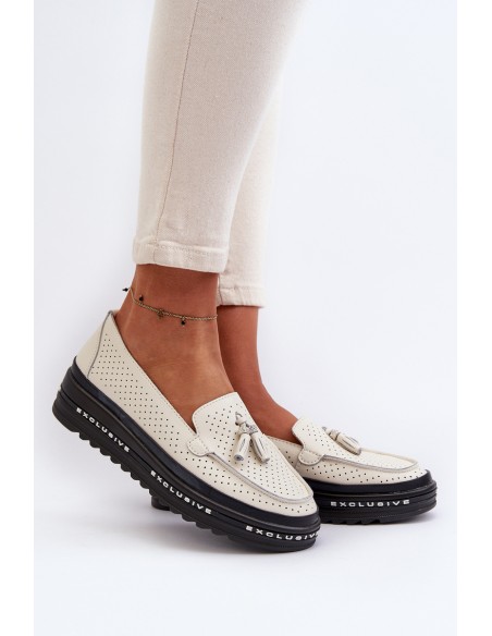 Women's Leather Platform Moccasins Beige Assetnima