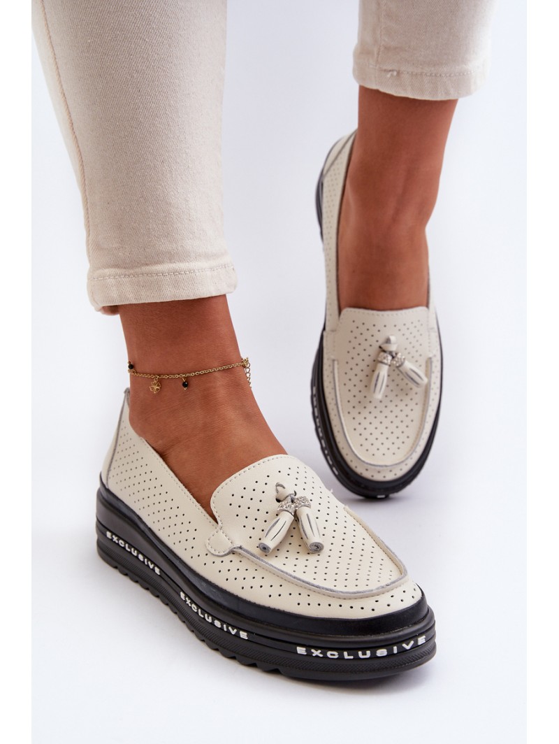 Women's Leather Platform Moccasins Beige Assetnima