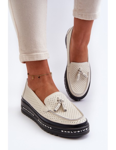 Women's Leather Platform Moccasins Beige Assetnima