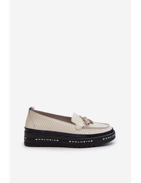 Women's Leather Platform Moccasins Beige Assetnima