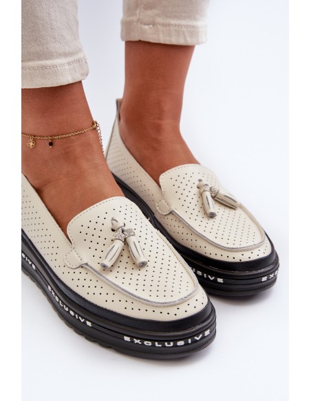 Women's Leather Platform Moccasins Beige Assetnima