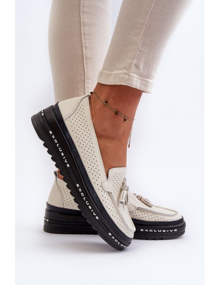 Women's Leather Platform Moccasins Beige Assetnima