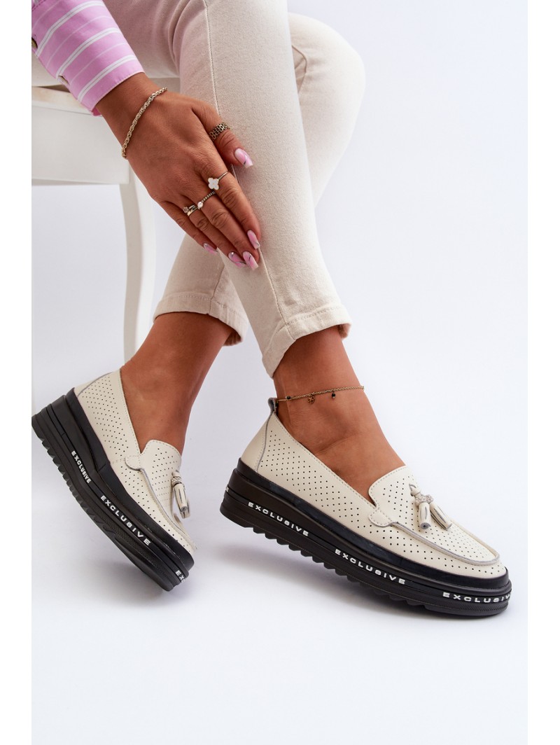 Women's Leather Platform Moccasins Beige Assetnima