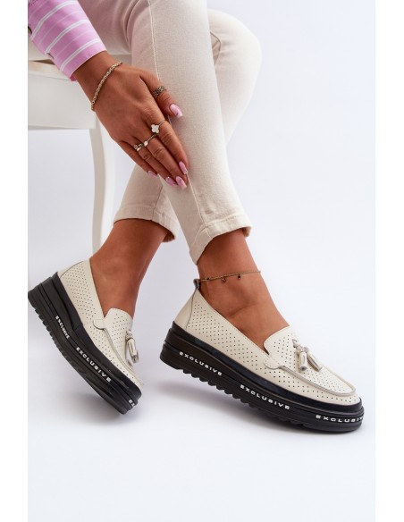 Women's Leather Platform Moccasins Beige Assetnima