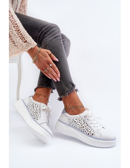 White Leather Women's Platform Sneakers Peilaeno