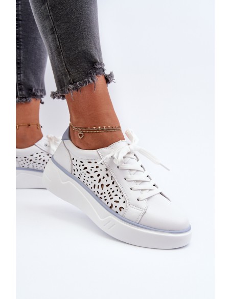 White Leather Women's Platform Sneakers Peilaeno