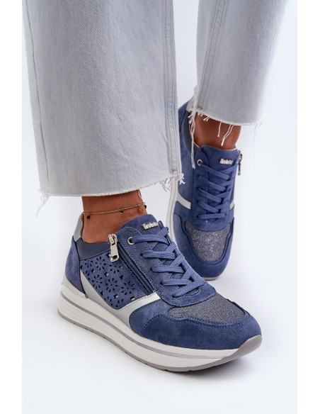 Women's Platform Sneakers with Lacy Pattern and Brocade INBLU IN000372 Blue