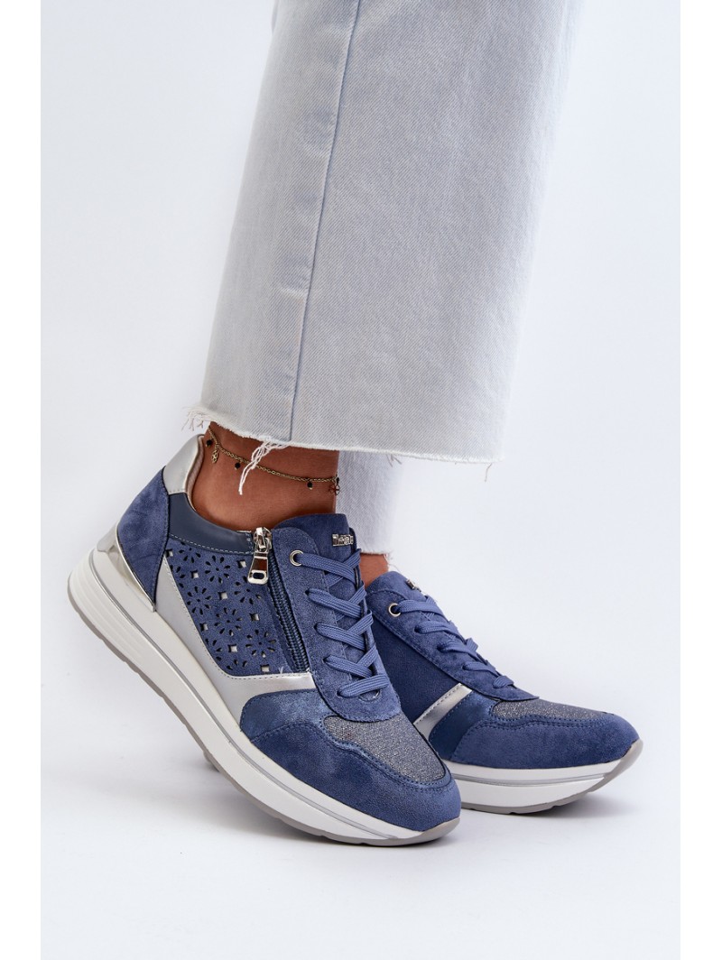 Women's Platform Sneakers with Lacy Pattern and Brocade INBLU IN000372 Blue