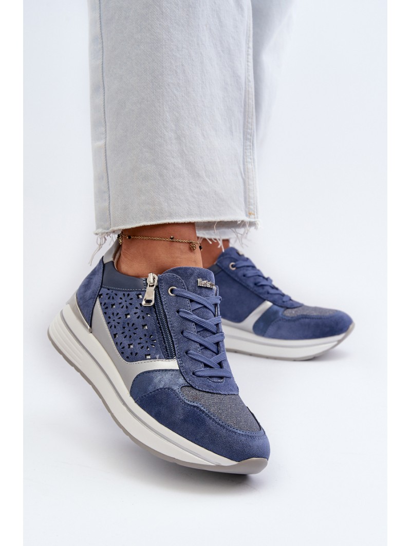 Women's Platform Sneakers with Lacy Pattern and Brocade INBLU IN000372 Blue