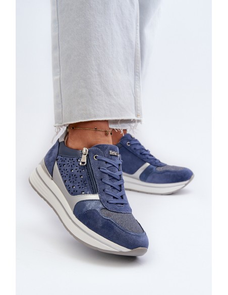 Women's Platform Sneakers with Lacy Pattern and Brocade INBLU IN000372 Blue
