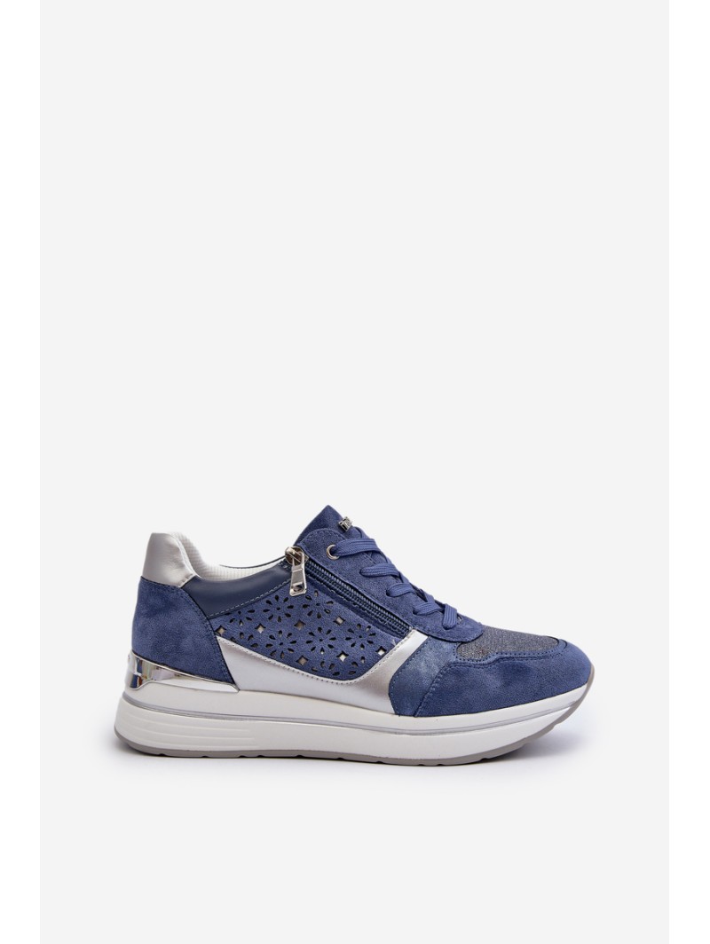 Women's Platform Sneakers with Lacy Pattern and Brocade INBLU IN000372 Blue