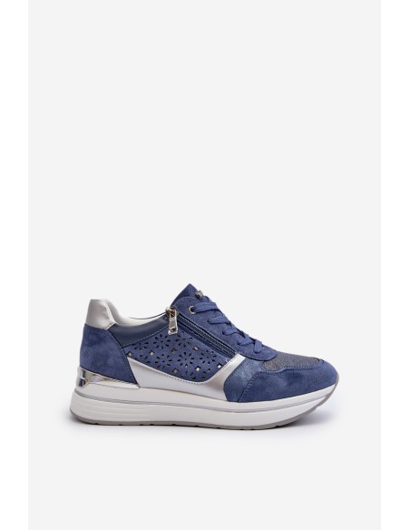 Women's Platform Sneakers with Lacy Pattern and Brocade INBLU IN000372 Blue