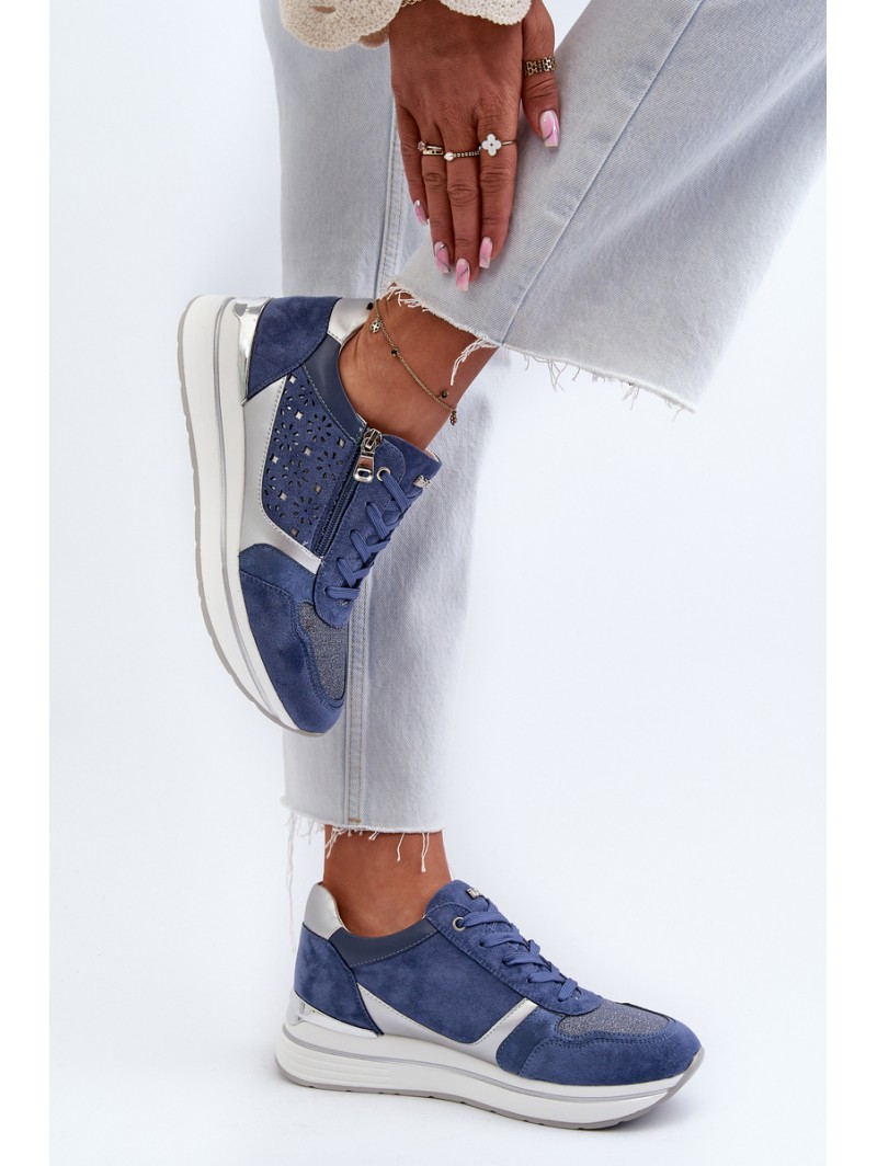 Women's Platform Sneakers with Lacy Pattern and Brocade INBLU IN000372 Blue