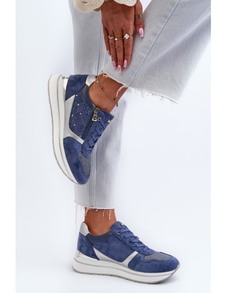 Women's Platform Sneakers with Lacy Pattern and Brocade INBLU IN000372 Blue